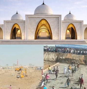 JCB’s echo… workers carrying cement-sand, Babari Masjid being built on 11 bigha land